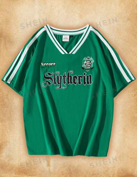 HARRY POTTER X SHEIN Women's Summer Slytherin Green Letter Graphic Striped Trim Drop Shoulder Tee Back To School Clothes Graphic T Shirt Football Shirt