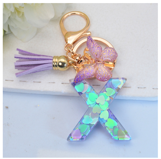 Sparkling 26 Letter Keychain With Butterfly Pendant Exquisite Heart Sequin Filled A-Z Initials Keyrings Bag Pendant Charms Gifts X