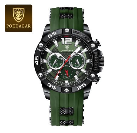 POEDAGAR sports watch for men waterproof original fashion silicone multifunctional chronograph watch luminous calendar display Watch GREEN