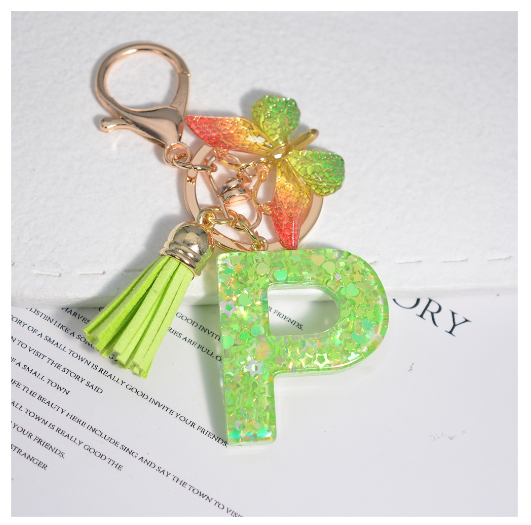 Glitter Green 26 Letter Resin Keychain Fashion Sequin Filled A-Z Alphabet Keyrings For Women Car Key Holder Accessories Souvenir P