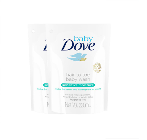 Baby Dove Hair to Toe Wash Sensitive Moisture 220ml Refill for Sensitive Skin (Bundle of 2)