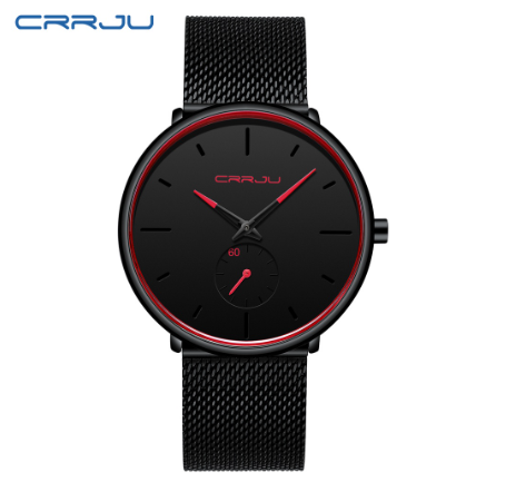 CRRJU Fashion Mens Watches Top Brand Luxury Quartz Watch Men Casual Slim Mesh Steel Waterproof Sport Watch 2150X BLACK RED 2