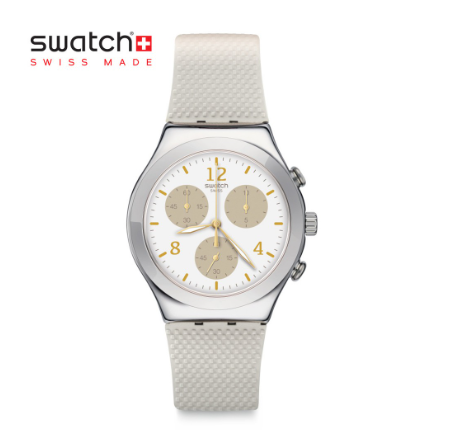 Swatch Irony Chrono Hello Pretty YCS114 Beige Rubber Strap Watch