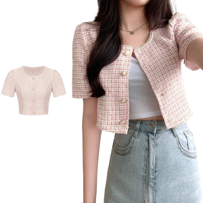 Lovito Women Pearls Button Front Tweed Jackets L68ED075 (Apricot/Pink)