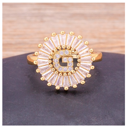 Initial 26 Alphabet Adjustable Size Gold Color Zircon A-Z Letter Ring Statement Name Jewelry G