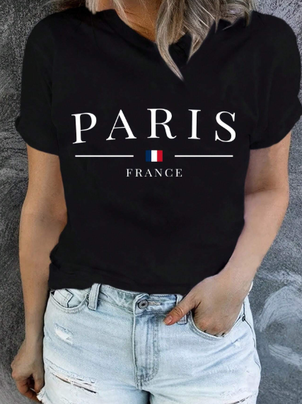 SHEIN LUNE Women's Round Neck Letter Printed Short Sleeve T-Shirt