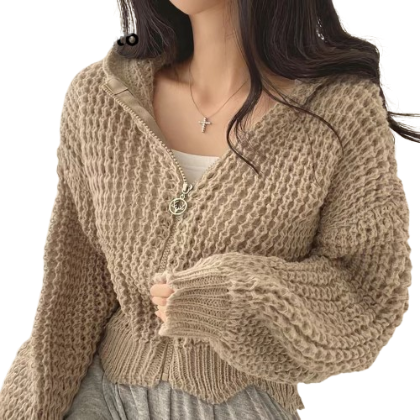 Lovito Women Casual Plain Zipper Cardigans LNA30040 (Light Khaki/Off White/Pink)