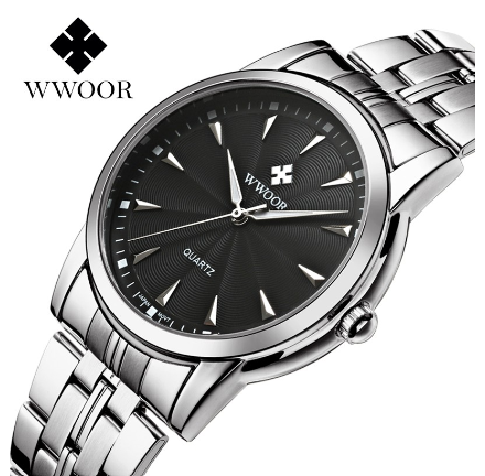 Wwoor Watches For Men Business Stainless Steel Wristwatch Waterproof Quartz Watch BLACK DIAL SILVER CASE STRAP