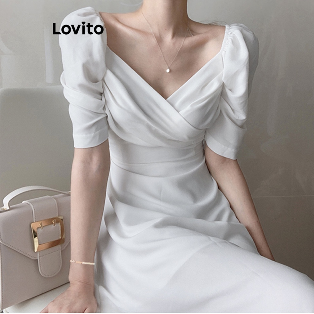 Lovito Women Elegant Plain Wrap Puff Sleeve Dress L65ED166 (White)