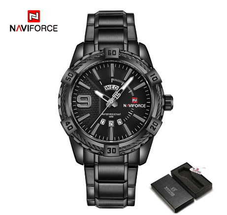 Naviforce NF9117 Men Original Brand Stainless Steel Fashion Sport Full Steel Quartz Waterproof Gold With Original Box Watch FULL BLACK