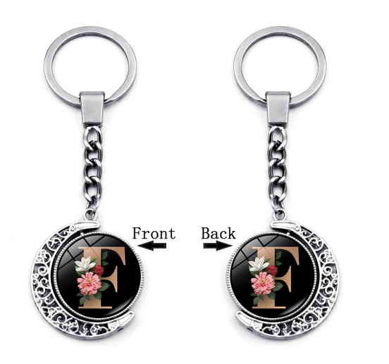 1PC Exquisite 26 Letter Glass Keychains Double Sides Moon Flower A-Z Initials Keyrings Handbag Charms Ornaments Gifts F