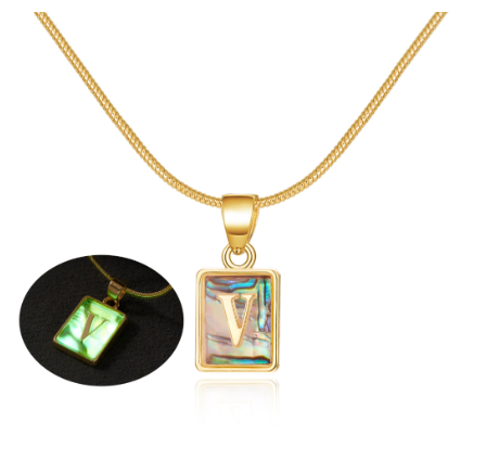 18K Gold 26 Letter Square Colorful Nightlight Pendant Snake Bone Chain Necklace English Letter Pendant Necklace V