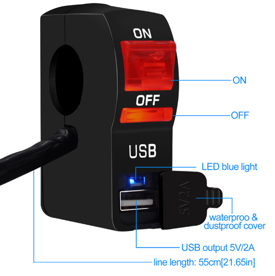 Motorcycle On/Off Switch With USB 3~5A Quick charge