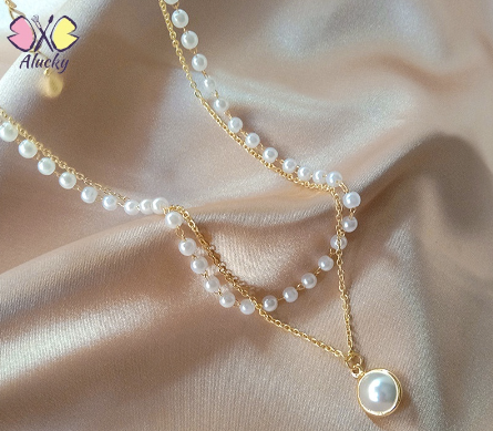Fashion Pearl Metal Lock Necklace Multilayer Pendant Women Gold Chain Choker Jewelry Accessories AL