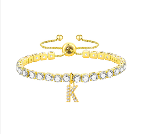 Vnox Cubic Zircon Letter Bracelet for Women Girl,18K Gold Handmade Initial Tennis Shiny Wedding Chain Link Jewelry Gift K