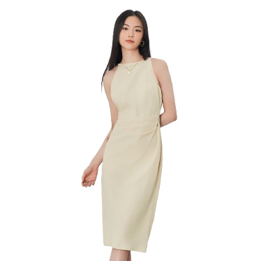 Lovito Women Ruched Split Dress L62ED154 (Khaki)