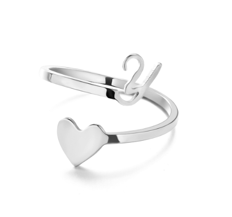 Silver Stainless Steel A-Z Rings Initial Letters Heart Rings Women Fashion Non Fading Jewelry Adjustable Y
