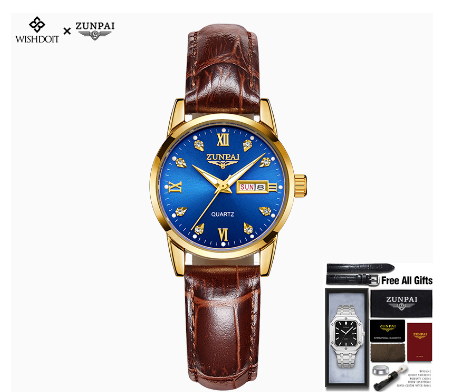 Zunpai Women Waterproof Stainless Steel Unisilver/Gold Business Watch with Box GOLDEN BLUE