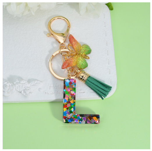 Fashion Butterfly Pendant 26 Letter Keychain Heart Sequins Filled A-Z Initial Key Chains With Tassel Bag Charms Accessories Gift L