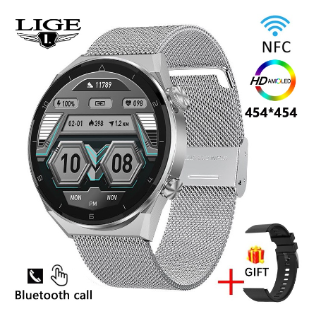 Original LIGE NFC Access Control Smart Watch AMOLED 454*454 IPW8 WaterProof SmartWatch Men Bluetooth Calling Sports Watch  MESH SILVER