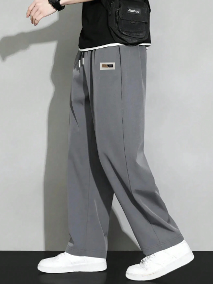 Men Summer Ice Silk Straight Pants In Dark Grey, Quick Dry And Breathable Loose Fit Casual Trousers