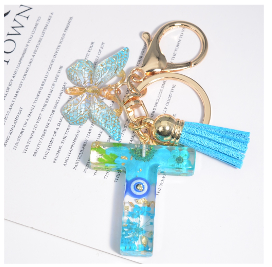 Exquisite Dried Flower Filled 26 Letter Keychain With Butterfly Pendant Fashion A-Z Name Initials Keyrings Car Key Holder Gifts T