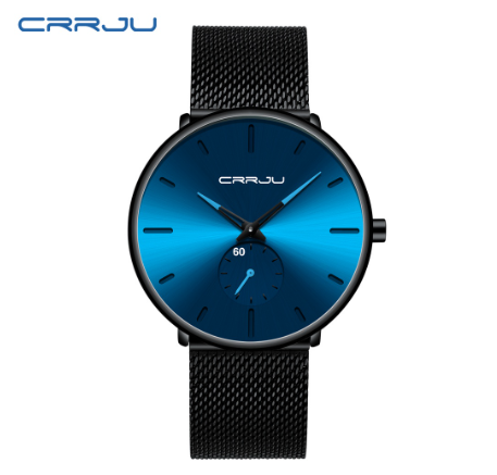 CRRJU Fashion Mens Watches Top Brand Luxury Quartz Watch Men Casual Slim Mesh Steel Waterproof Sport Watch 2150X BLACK BLUE
