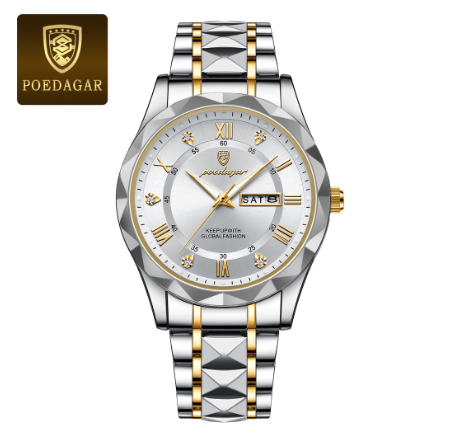 POEDAGAR 100% Original Luxury Business Fashion Men's Gold Watch Waterproof Luminous Date Stainless Steel Quartz Swiss Wrist Watch 008