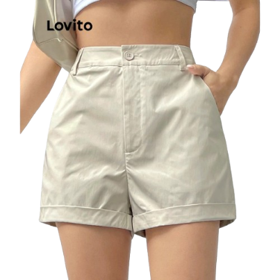 Lovito Women Casual Plain Pocket Roll Up Shorts L74ED052