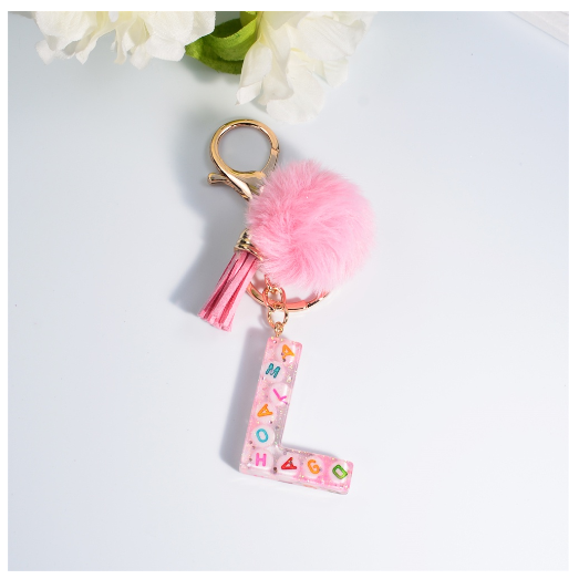 Exquisite Pink A-Z Letter Resin Keychain With Hairball 26 Initials Keyring Charms Women Bag Ornament Best Festival Gift L