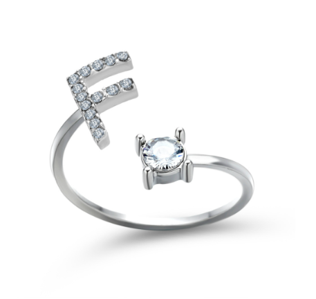 Silver A-Z Letters Ring for Women Cubic Zirconia Initial Letter Ring Fashion Jewelry Gift Adjustable F