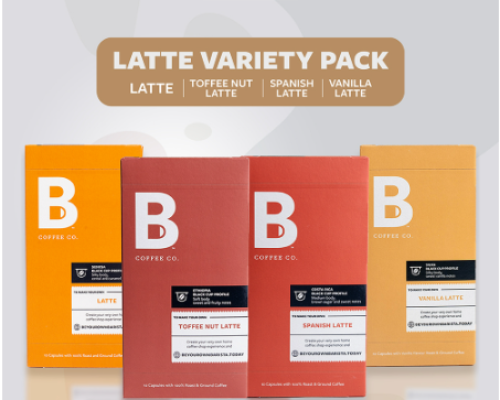 B Coffee Co. Latte Variety Pack - 4 Packs of Nespresso Compatible Coffee 10 Pods/ Pack