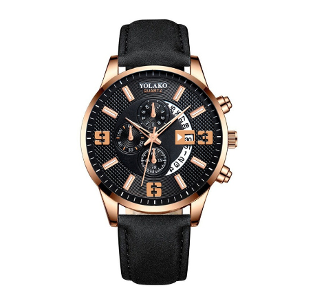 YOLAKO Stainless Steel Men's Quartz Sport Waterproof Watch Men Relo Watch LEATHER ROSEGOLD BLACK