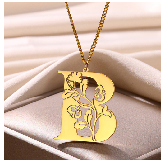 Beauty Flower A-Z Letter Necklaces for Women Men Stainless Steels Flower Initial Pendant Necklace B