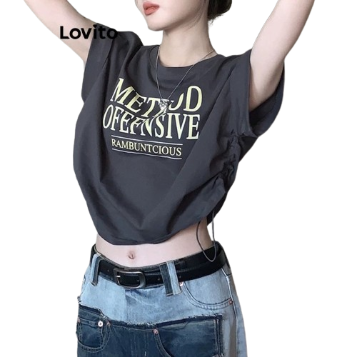 Lovito Women Drawstring T-Shirt LNE24217 (Dark Grey)