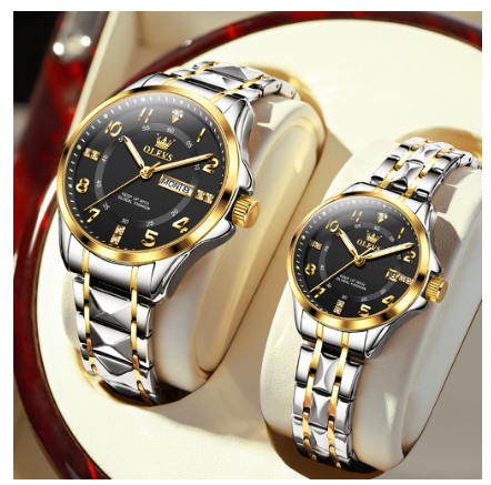 Olevs Couple Watch Waterproof Stainless Steel Box Gold Luxury Business Texture Luminous Watch BLACK DIAL TWO TONE