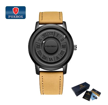 Foxbox Fashion Design Watches Men Personality Creative Magnetic Rolling Beads Quartz Leather&Stainless Steel Waterproof Watch LEATHER BOWN