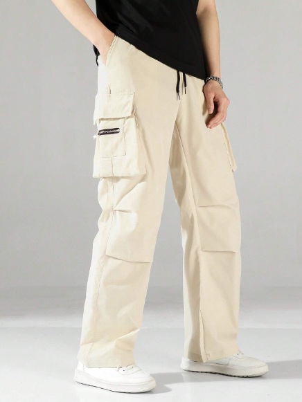 Manfinity Hypemode Men Flap Pocket Side Drawstring Waist Oversize Cargo Pants Baggy Long Plain Khaki Going Out