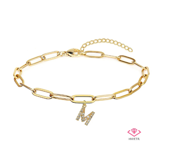 Hwetr Fashion 26 A-Z Initial Bracelet For Women Classic Zircon Letter Pendant Paper Clip Chain Bracelet Jewelry Accessories Gift M