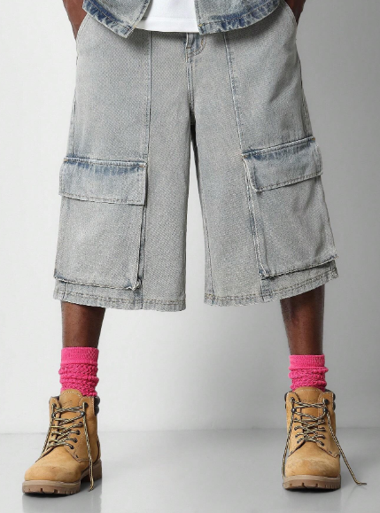 SUMWON Washed Denim Bermuda Shorts With Cargo Pockets