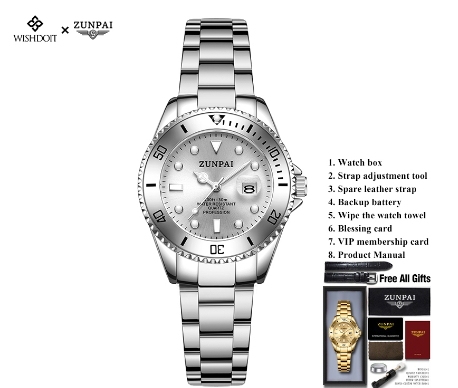ZUNPAI Watch for Woman Original Waterproof Stainless Steel Silver Gold Business Fashion Trend Luminous Calendar Women Watch SILVER