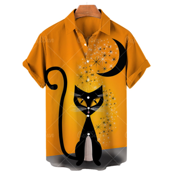 New Cartoon Black Cat Style Men's Short Sleeve Shirt Advanced 3D Printing Pattern Is Beautiful, Fashionable, Color Fast, Polyester Material Texture Is Silky, Suitable For Young