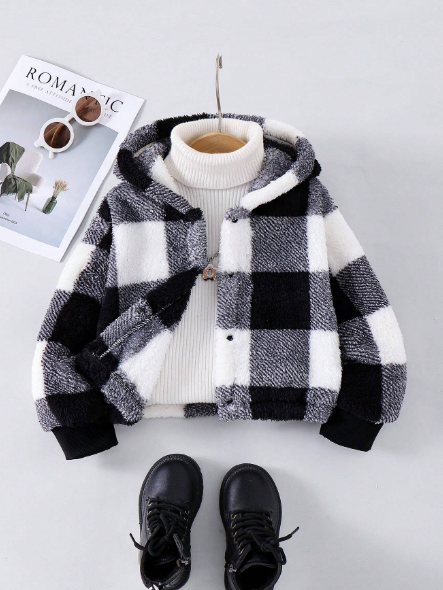 SHEIN Young Girl Hooded Sweatshirt Reversible Plush Checkered Jacket With Long Sleeves