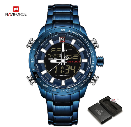 Naviforce Men Gold Dual Time Casual Fashion Stainless Steel Luminous Waterproof Wristwatch BLUE