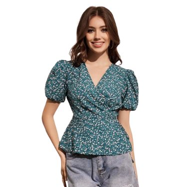 Lovito Women Boho Ditsy Floral Wrap Puff Sleeve Knot Blouse L37LD068 (Green)
