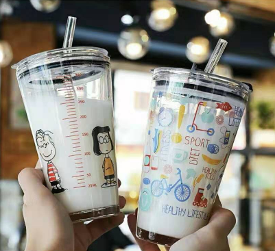 G2020 450ML High Quality Korean Style Glass Mug Glass Transparent w Silicone Straw Milk Cup Coffee