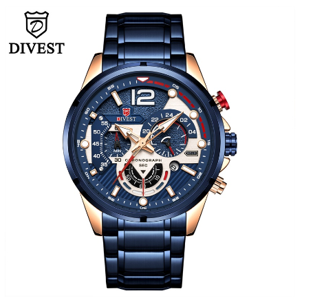 DIVEST Luxury Brand Men's Watches Original Fashion Chronograph Luminous Business Men Watch Casual Sport Waterproof Watch ROSEGOLD BLUE