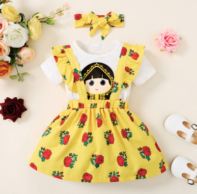 Mikrdoo 1-6 Years Kid Baby Girls 3PCS Clothing Set Ramadan Girls Cartoon Short Sleeves T-shirt Rose Floral Skirt Festival Costumes Terno