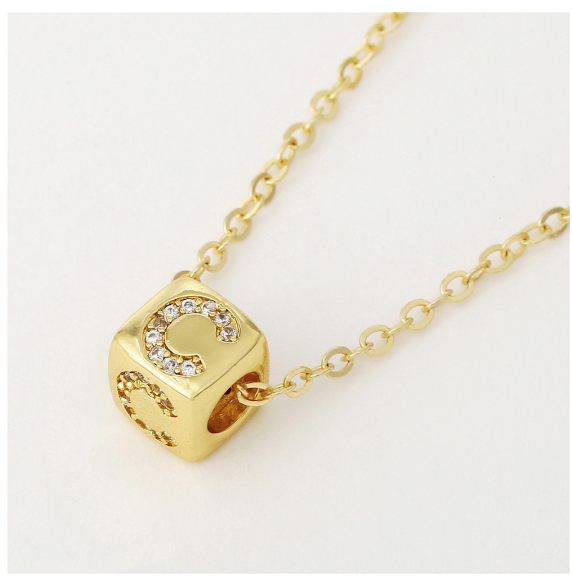 18K Gold Plated Titanium Steel English Letter Pendant Necklace Collar Chain Women's Fashion Copper Inlaid Zircon Dice Necklace Neckchain C