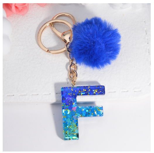 Exquisite Blue Pompom A-Z 26 Letter Keychain Glitter Heart Sequin Filled Initials Keyrings Bag Accessories Charm Car Keyholder F